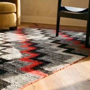 Exiting Chevron Deign Antique Navajo Long and Narrow Wool Gray Native American Rug (SKU 25140) - in-room detail