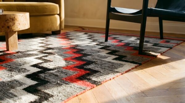 Exiting chevron deign antique navajo long and narrow wool gray native american rug 11 Exiting chevron deign antique navajo long and narrow wool gray native american rug (sku 25140) - in-room detail
