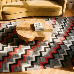 Exiting Chevron Deign Antique Navajo Long and Narrow Wool Gray Native American Rug (SKU 25140) - styled overhead view