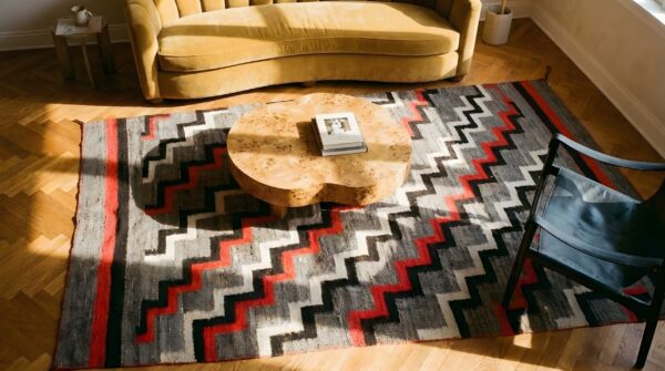 Exiting chevron deign antique navajo long and narrow wool gray native american rug 2 Exiting chevron deign antique navajo long and narrow wool gray native american rug (sku 25140) - styled overhead view