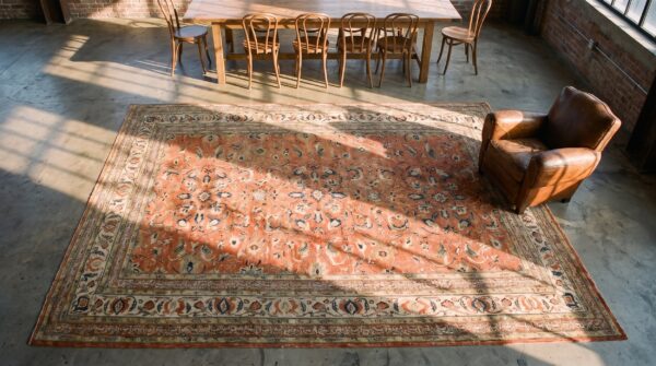 Extremely fine red antique allover refined floral pattern persian tabriz room size rug 2 Extremely fine red antique allover refined floral pattern persian tabriz room size rug (sku 20428) - styled overhead view