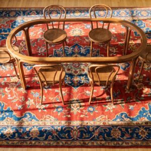 Fabulous Antique Red Oval Field Art Deco Chinese Rug (SKU 24317) - styled overhead view