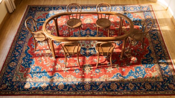 Fabulous antique red oval field art deco chinese rug 2 Fabulous antique red oval field art deco chinese rug (sku 24317) - styled overhead view