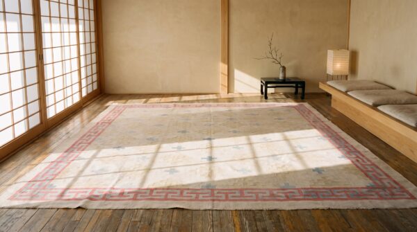 Faded cream geometric antique square dhurrie flatweave rug 7 Faded cream geometric antique square dhurrie flatweave rug (sku 21333) - room view