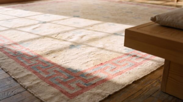 Faded cream geometric antique square dhurrie flatweave rug 8 Faded cream geometric antique square dhurrie flatweave rug (sku 21333) - in-room detail