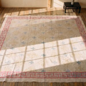 Faded Cream Geometric Antique Square Dhurrie Flatweave Rug (SKU 21333) - styled overhead view
