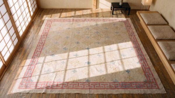 Faded cream geometric antique square dhurrie flatweave rug 2 Faded cream geometric antique square dhurrie flatweave rug (sku 21333) - styled overhead view