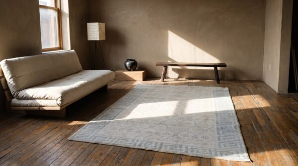 Faded decorative light ivory color antique small cotton agra rug 7 Faded decorative light ivory color antique small cotton agra rug (sku 21355) - room view