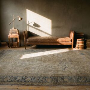 Faded Gray Color Fine Weave Antique Animal Design Persian Mohtasham Kashan Rug (SKU 18287) - room view