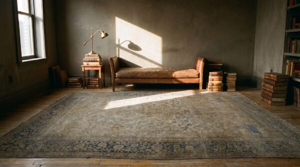 Faded gray color fine weave antique animal design persian mohtasham kashan rug 12 Faded gray color fine weave antique animal design persian mohtasham kashan rug (sku 18287) - room view