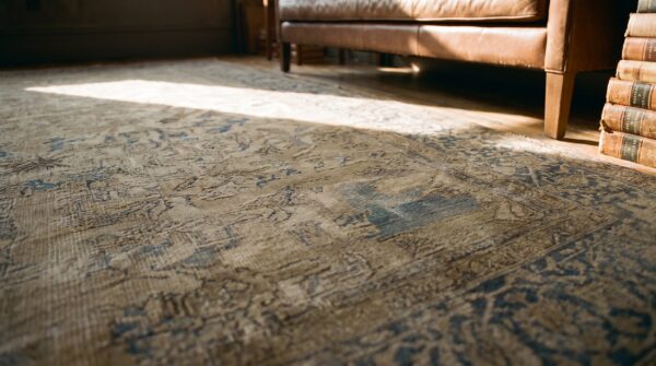Faded gray color fine weave antique animal design persian mohtasham kashan rug 13 Faded gray color fine weave antique animal design persian mohtasham kashan rug (sku 18287) - in-room detail