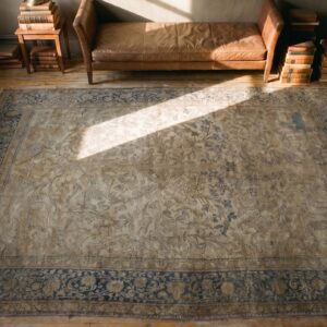 Faded Gray Color Fine Weave Antique Animal Design Persian Mohtasham Kashan Rug (SKU 18287) - styled overhead view
