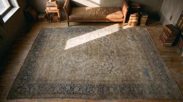 Faded gray color fine weave antique animal design persian mohtasham kashan rug 2 Faded gray color fine weave antique animal design persian mohtasham kashan rug (sku 18287) - styled overhead view