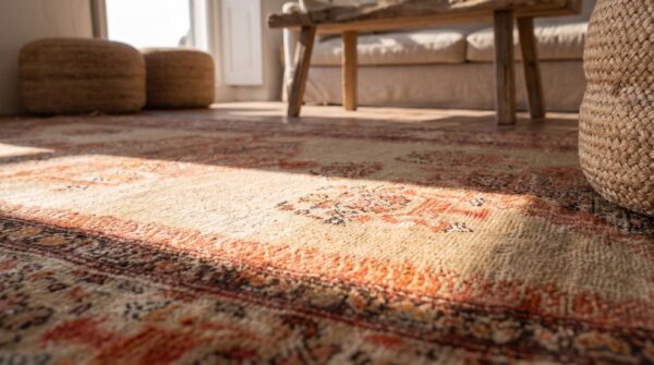 Antique farahan small scatter size wool ivory rug 7 Antique farahan small scatter size wool ivory rug (sku 21402) - in-room detail