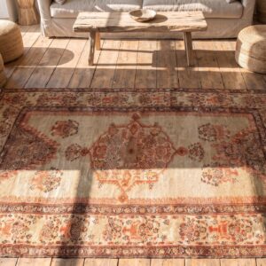 Antique Farahan Small Scatter Size Wool Ivory Rug (SKU 21402) - styled overhead view