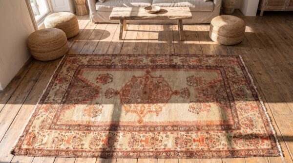 Antique farahan small scatter size wool ivory rug 2 Antique farahan small scatter size wool ivory rug (sku 21402) - styled overhead view