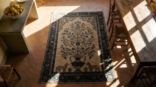 Antique farhan persian allover floral knotted rug 2 Antique farhan persian allover floral knotted rug (sku 25157) - styled overhead view