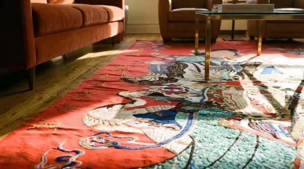 Antique figural chinese allover red color pictorial textile art 8 Antique figural chinese allover red color pictorial textile art (sku 23721) - in-room detail