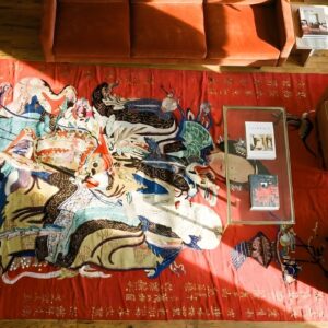 Antique Figural Chinese Allover Red Color Pictorial Textile Art (SKU 23721) - styled overhead view