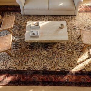 Fine Allover Floral Cypress Tree Design Antique Late 19th Century Ivory Persian Sarouk Farahan Carpet (SKU 23530) - styled overhead view