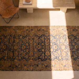 Fine Blue Allover Herati Design Antique Persian Tabriz Hallway Runner Wool Rug (SKU 19517) - styled overhead view