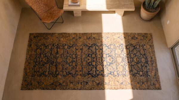 Fine blue allover herati design antique persian tabriz hallway runner wool rug 2 Fine blue allover herati design antique persian tabriz hallway runner wool rug (sku 19517) - styled overhead view