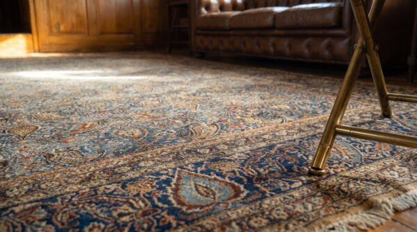Fine blue antique dense allover floral pattern large room size persian paisley kashan rug 15 Fine blue antique dense allover floral pattern large room size persian paisley kashan rug (sku 19031) - in-room detail