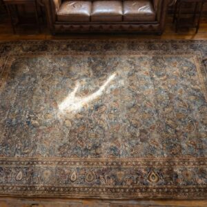 Fine Blue Antique Dense Allover Floral Pattern Large Room Size Persian Paisley Kashan Rug (SKU 19031) - styled overhead view