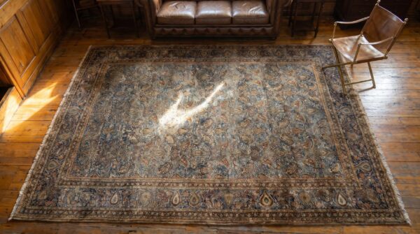 Fine blue antique dense allover floral pattern large room size persian paisley kashan rug 2 Fine blue antique dense allover floral pattern large room size persian paisley kashan rug (sku 19031) - styled overhead view