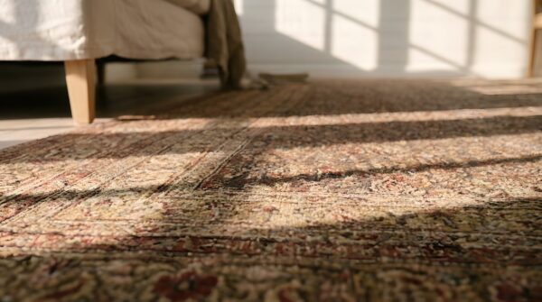 Fine blue floral design antique long narrow persian khorassan gallery rug 9 Fine blue floral design antique long narrow persian khorassan gallery rug (sku 25609) - in-room detail