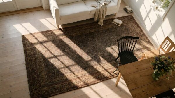 Fine blue floral design antique long narrow persian khorassan gallery rug 2 Fine blue floral design antique long narrow persian khorassan gallery rug (sku 25609) - styled overhead view
