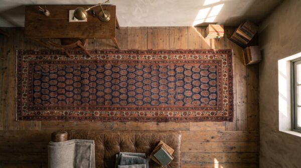 Fine blue antique late 19th century persian paisley design tabriz hallway runner rug 2 Fine blue antique late 19th century persian paisley design tabriz hallway runner rug (sku 18810) - styled overhead view