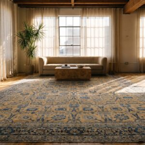 Fine Classic Floral Vase Design Antique Yellow Oversized Persian Kerman Rug (SKU 18725) - room view