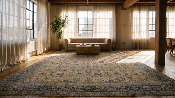 Fine classic floral vase design antique yellow oversized persian kerman rug (sku 18725) - room view