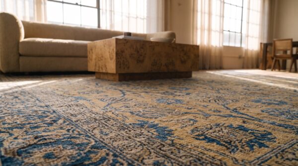 Fine classic floral vase design antique yellow oversized persian kerman rug (sku 18725) - in-room detail