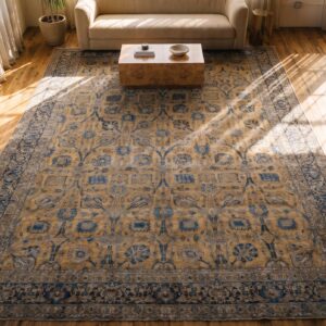Fine Classic Floral Vase Design Antique Yellow Oversized Persian Kerman Rug (SKU 18725) - styled overhead view