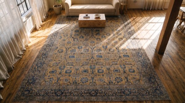 Fine classic floral vase design antique yellow oversized persian kerman rug (sku 18725) - styled overhead view