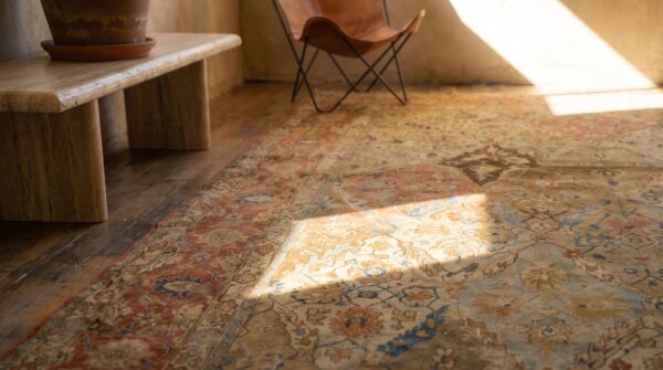 Fine floral ivory background antique room size persian garden design tabriz rug 18 Fine floral ivory background antique room size persian garden design tabriz rug (sku 18785) - in-room detail