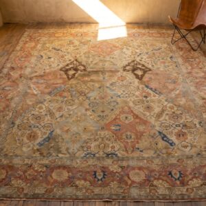 Fine Floral Ivory Background Antique Room Size Persian Garden Design Tabriz Rug (SKU 18785) - styled overhead view