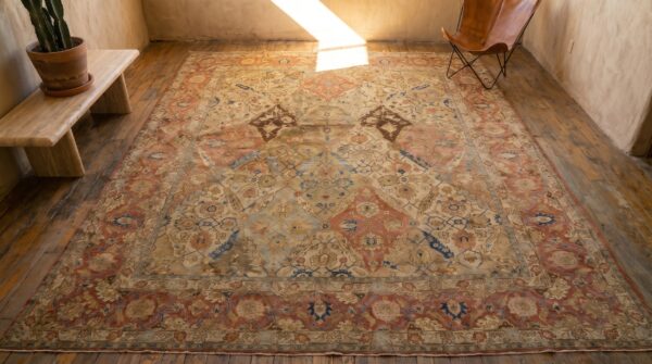 Fine floral ivory background antique room size persian garden design tabriz rug 2 Fine floral ivory background antique room size persian garden design tabriz rug (sku 18785) - styled overhead view