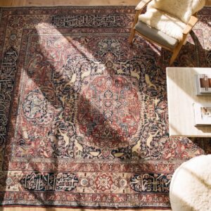 Antique Fine Floral Medallion Design Signed Late 19th Century Persian Khorassan Rug (SKU 25485) - styled overhead view