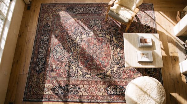 Antique fine floral medallion design signed late 19th century persian khorassan rug 2 Antique fine floral medallion design signed late 19th century persian khorassan rug (sku 25485) - styled overhead view