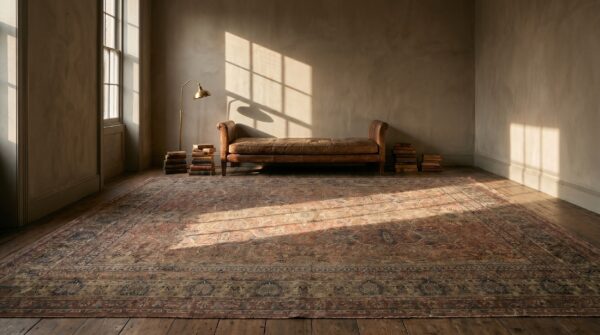 Fine floral pattern late 19th century antique oversized coral lavar kerman persian knotted rug 8 Fine floral pattern late 19th century antique oversized coral lavar kerman persian knotted rug (sku 17446) - room view