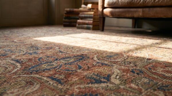 Fine floral pattern late 19th century antique oversized coral lavar kerman persian knotted rug 9 Fine floral pattern late 19th century antique oversized coral lavar kerman persian knotted rug (sku 17446) - in-room detail