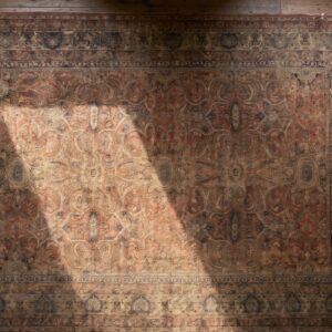 Fine Floral Pattern Late 19th Century Antique Oversized Coral Lavar Kerman Persian Knotted Rug (SKU 17446) - styled overhead view