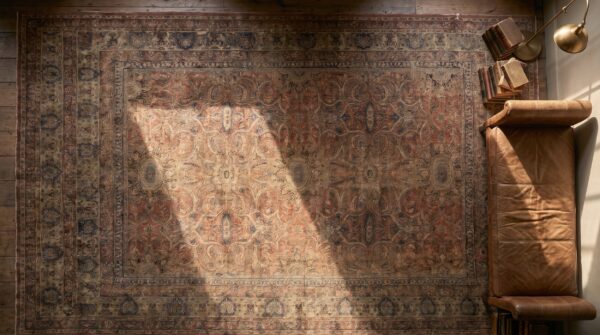 Fine floral pattern late 19th century antique oversized coral lavar kerman persian knotted rug 2 Fine floral pattern late 19th century antique oversized coral lavar kerman persian knotted rug (sku 17446) - styled overhead view