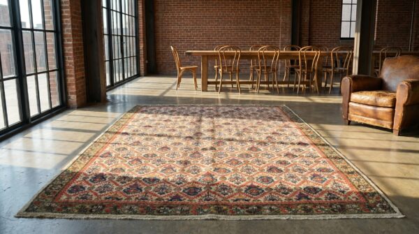 Fine floral trellis pattern small antique persian farahan hand knotted rug 5 Fine floral trellis pattern small antique persian farahan hand knotted rug (sku 18560) - room view