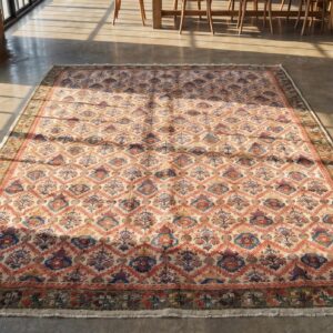 Fine Floral Trellis Pattern Small Antique Persian Farahan Hand Knotted Rug (SKU 18560) - styled overhead view