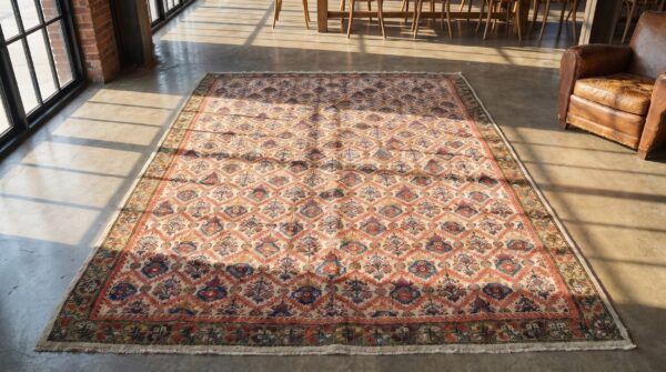 Fine floral trellis pattern small antique persian farahan hand knotted rug 2 Fine floral trellis pattern small antique persian farahan hand knotted rug (sku 18560) - styled overhead view