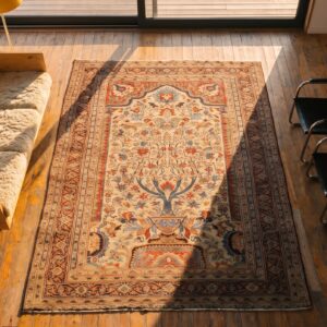 Fine Floral Vase Prayer Niche Pattern Antique Persian Small Size Khorassan Rug (SKU 21683) - styled overhead view